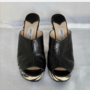 Jimmy Choo wedge leather slide. Peep toe sandal.